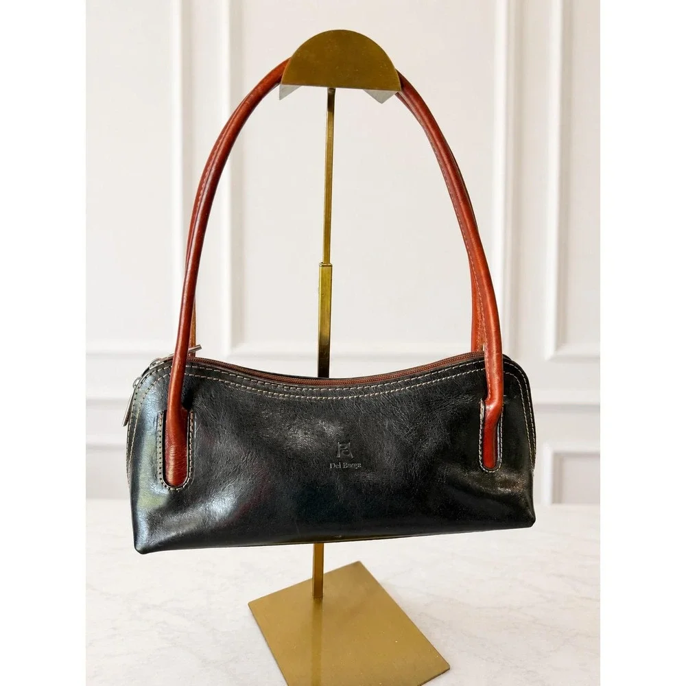 Del Borgo Vintage Black Italian Leather Baguette Handbag Cognac Handles MINT